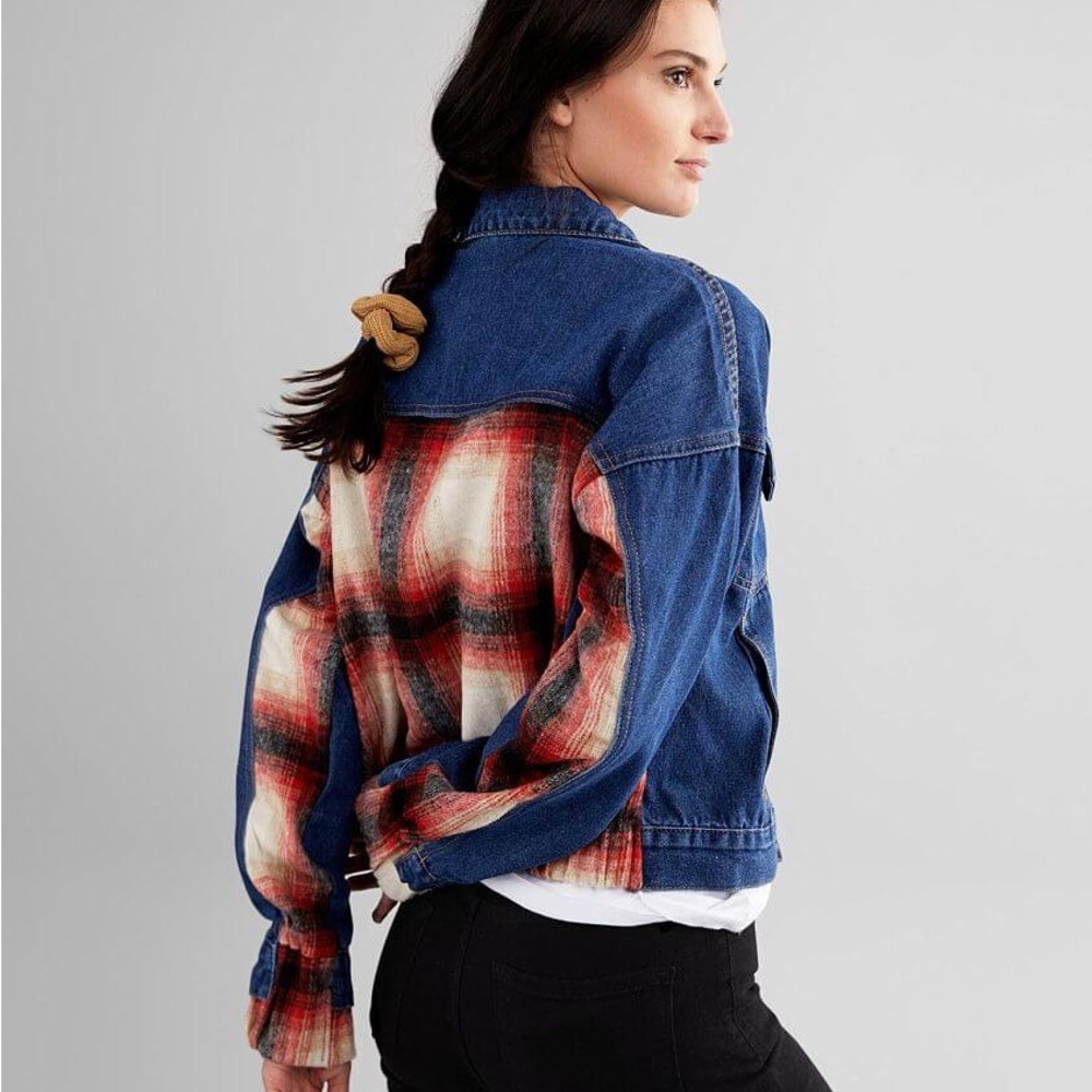 BKE Red and Blue Jean Jacket with Plaid Design | Like New!